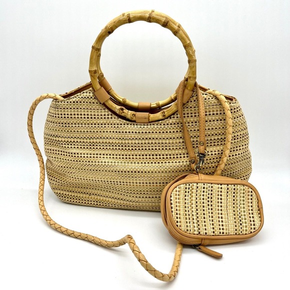Amanda Smith Handbags - Woven Straw‎ Satchel Bamboo Handle Shoulder Bag with Coin Purse Y2K